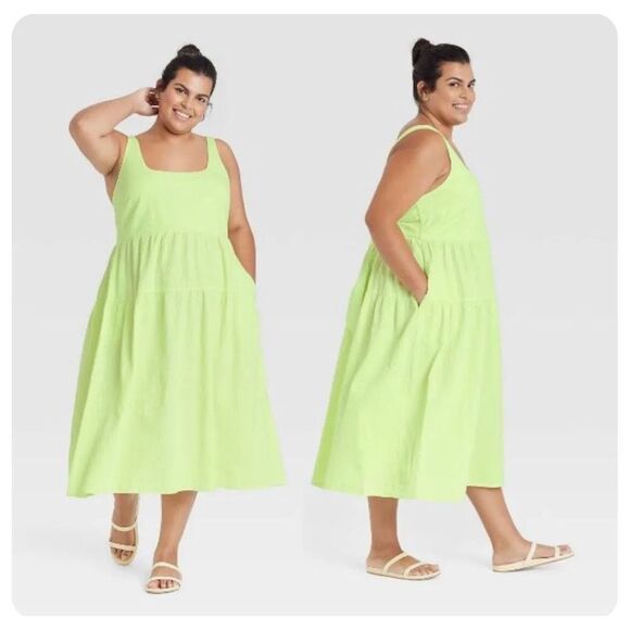 Women's Plus Size Sleeveless Tie Back Tiered Dress Pockets Ava &
Viv Green  size - Picture 4 of 4